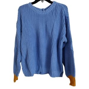 Popsugar blue waffle knit sweater with buttons on back & yellow cuffs Sz XL